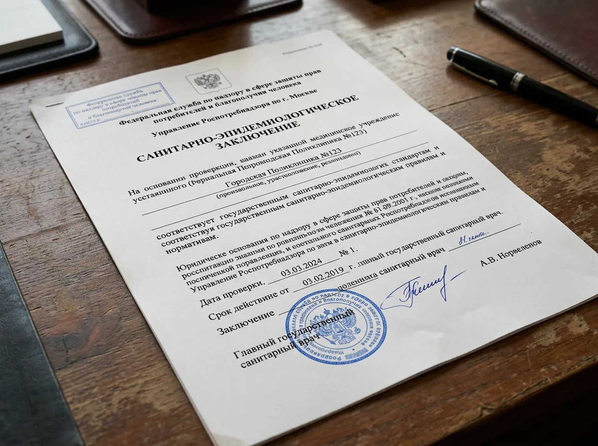 Санитарно-эпидемиологическое заключение Роспотребнадзора на медицинское учреждение, официальный бланк, печать, подтверждение соответствия санитарным нормам